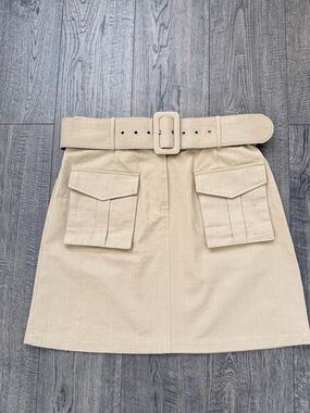 Simple Beige Utility Mini Skirt with Belt & Flap Pockets